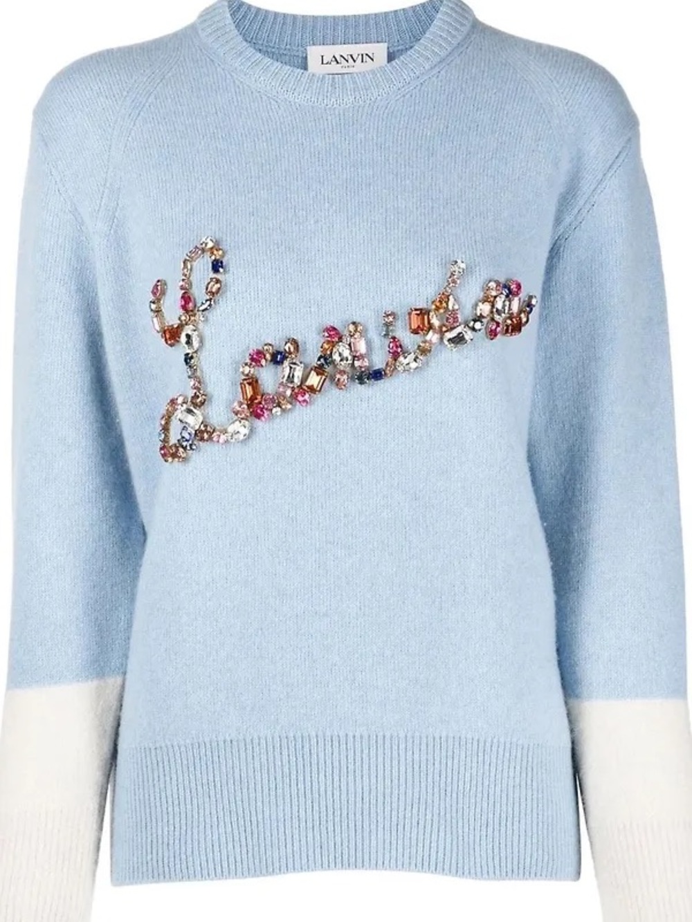 Lanvin Pastel Blue Jeweled Logo Crewneck Sweater